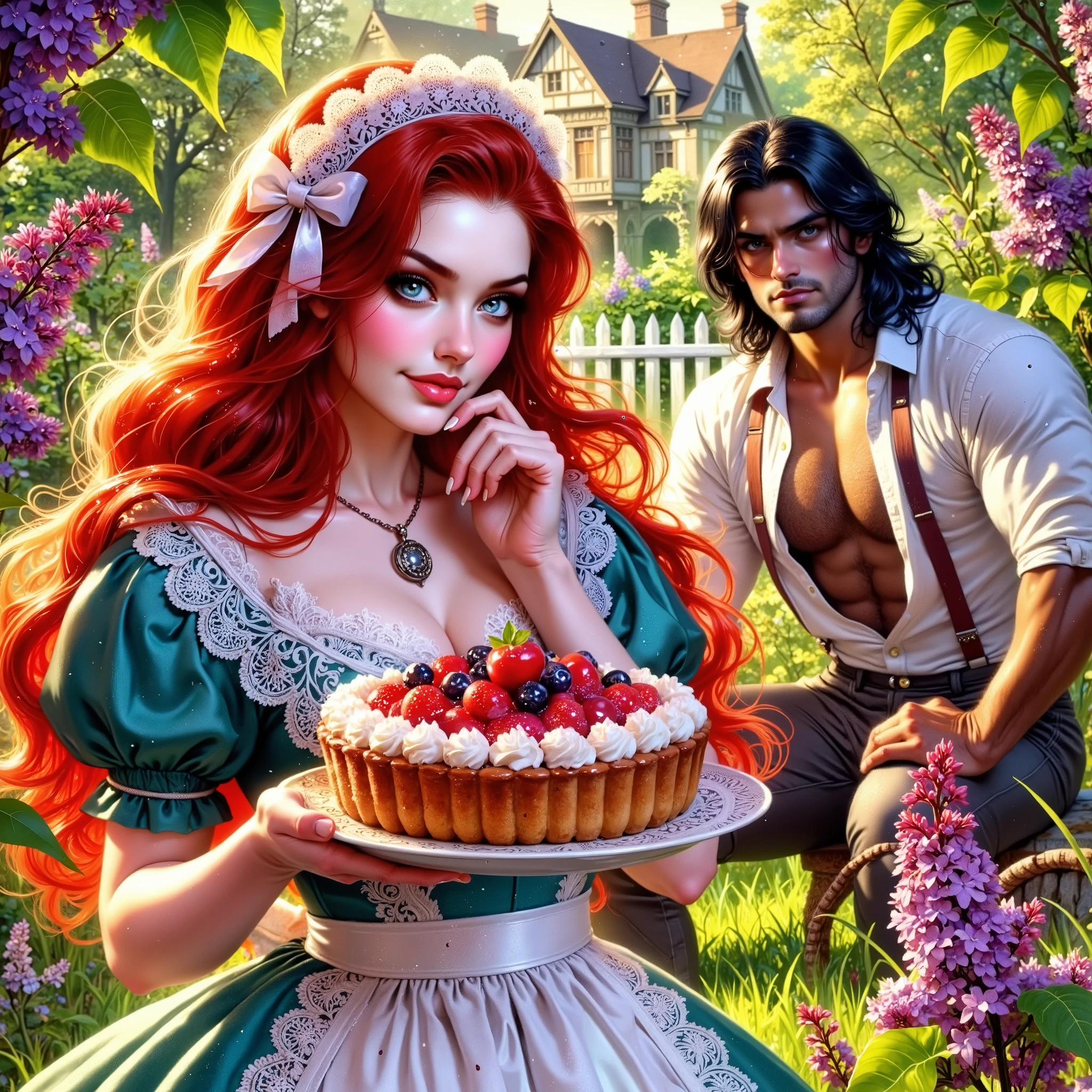  Glossing full-waist Full-body digital realistic illustration .  A beautiful 18-year-old flirting woman in a contrasting bright cotton maid dress with SHINY STRAIGHT red hair is standing on the grass,  in her hands is holding a dish with a big pie , looking right at the camera.  A handsome massive man with long black hair looks at her , in a white shirt ,pants and boots . A Victorian garden with lilac . Sunlight illuminates every blade of grass ,leaf, flower. BRIGHT,textural, three-dimensional , bright rich complementary colors .  flowing hair .textural.  correct anatomy proportions .right hands .  Model beautiful faces . Perfect for a book cover . The overall color palette is creating a vivid and haunting visual experience. The illustration is rich in detail, with textures, enhancing the realism of the scene.