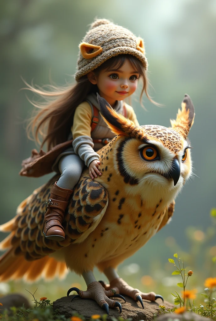 Girl flying, on the back of an owl