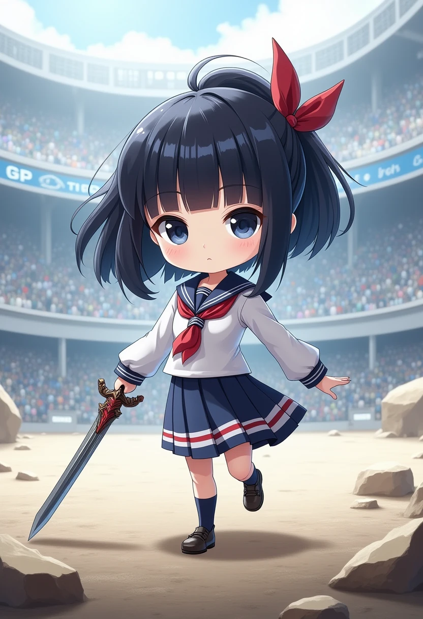 chibi, cool beauty, expressionless, blunt bangs, black straight hair, black eyes, wearing white, navy blue and red magic school uniform, holding a magic sword, background Arena, anime manga illustration, ultra detailed, absolutely resolution, masterpiece