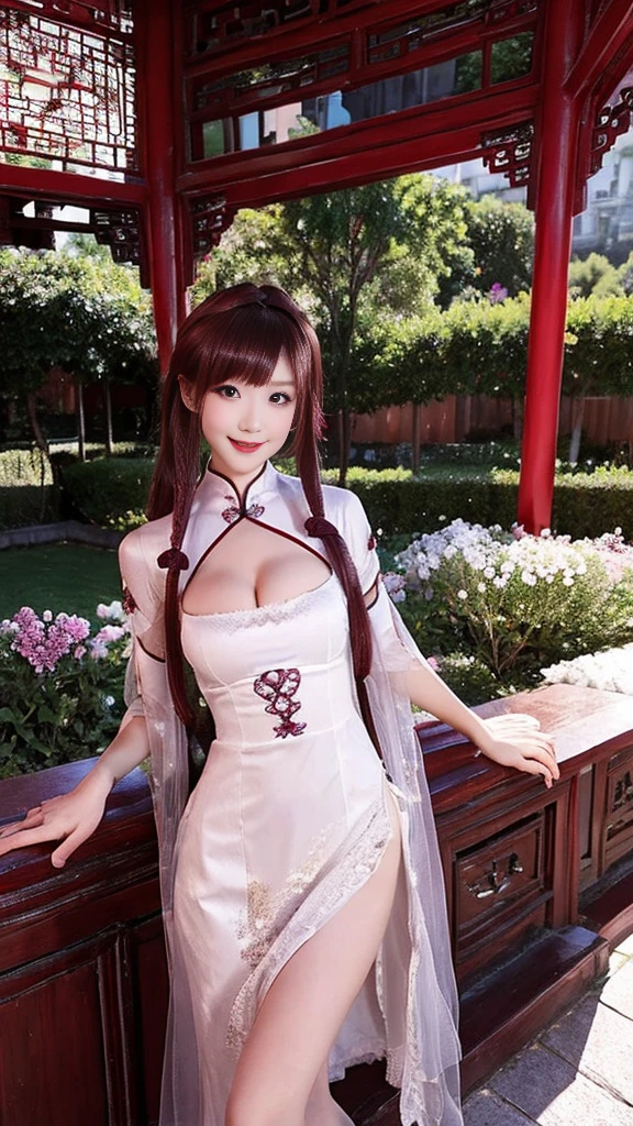    beautiful women,      maroon hair in the garden    ,      beautiful eyes ,   smile,   , Full HD,    Very beautiful dress  ，Fluffy Dress ， Curved Body，Spectacular views ，Gorgeous decoration， china dress，Chinese style hairstyle 