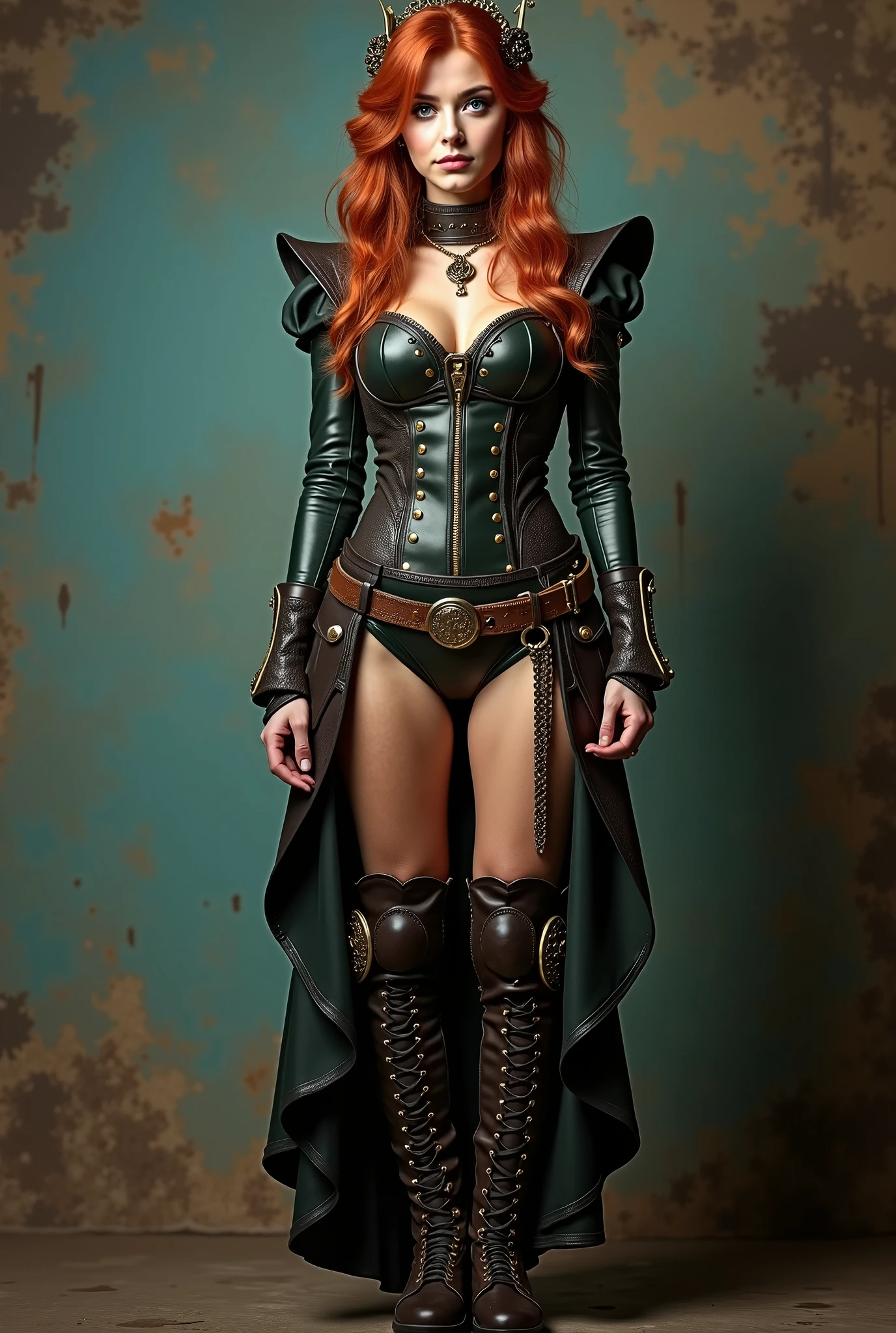 arafed woman in a pirate costume posing for a picture, seductive cyberpunk dark fantasy, steampunk fantasy style, female redhead templar, ornate cosplay, redhead queen in heavy red armor, fantasy character photo, beautiful female warrior, fantasy leather clothing, cinematic goddess body shot, a steampunk beautiful goddess, of a beautiful female knight, steampunk warrior