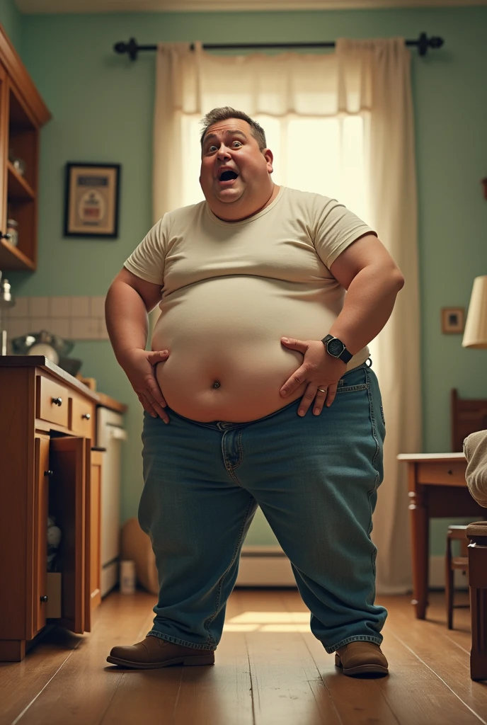 A man wearing jeans and he scaling his fat  and doing exercises and eating healthy food