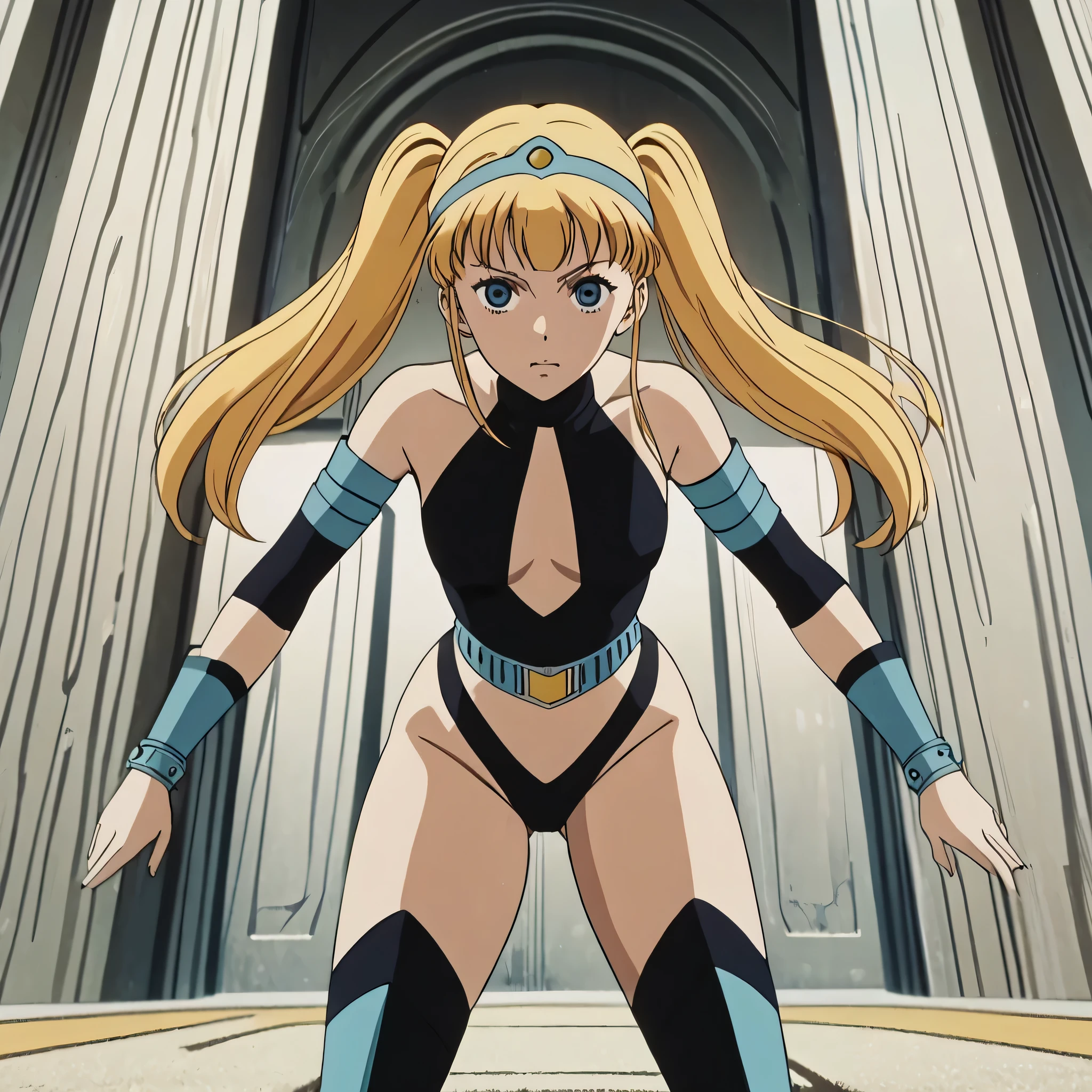 (((Masterpiece))), (((Best Quality))), ((Super Detail)), ultra-High resolution, score_9,score_8_up,score_7_up,score_6_up,score_5_up,score_4_up, BREAK, source_anime, anime screencap, uncensored, rating_explicit, Masterpiece, curvy, dark persona, empty eyes, expressionless, blank eyes, looking at viewer, full body, emotionless, Fighting Stance, shmnmzg3r, horizontal pupils, black leotard, clothing cutout, high heel boots, knee boots, circlet, armlet, bracelet, belt, halterneck, retro artstyle, 1980s (style), anime screencap, (((solo, 1girl))), hair ornament, small breast, ELIZABETH MIDFORD, DRILL HAIR, TWIN DRILLS, LONG HAIR, TWIN TAILS