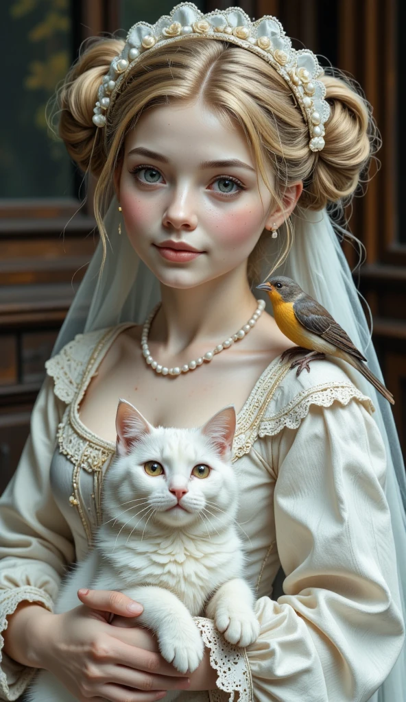 The cute doll is dressed in an exquisite dress in the vintage style of the Renaissance aristocracy. Pale skin, blue eyes, and subtle makeup, including dark eyeliner and pink lipstick. A serene expression and a gentle smile. Her hair is decorated with pearls and gathered in two large buns on both sides of her head. The headdress is made of delicate lace with floral motifs. A translucent veil falls from behind, creating a feeling of lightness. In her right hand she holds a cute fluffy white 3d cat. the cat looks realistic. Perched neatly on her right shoulder, facing the viewer, is a tiny bird with grayish-brown wings, a yellow breast, and a barely noticeable orange spot near her eye.  Perfect two hands, perfect fingers