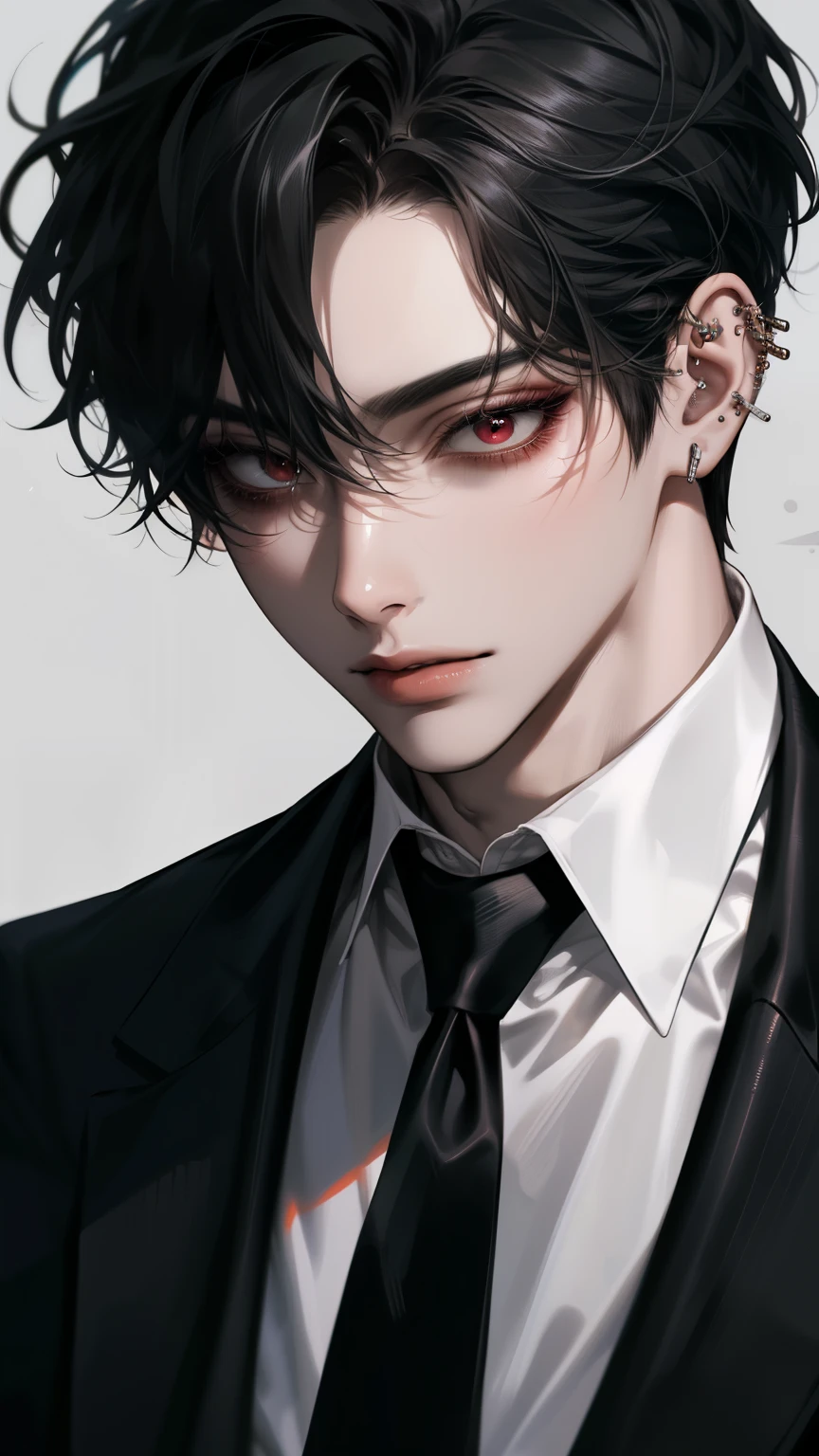 Black hair,male,mafia,group,Red eyes, suit,sexy, ear-piercing ,1 person,Alone, high resolution,Naturally,Korean makeup, top quality , very detailed face,man,young, attractive , good-looking,Short cut