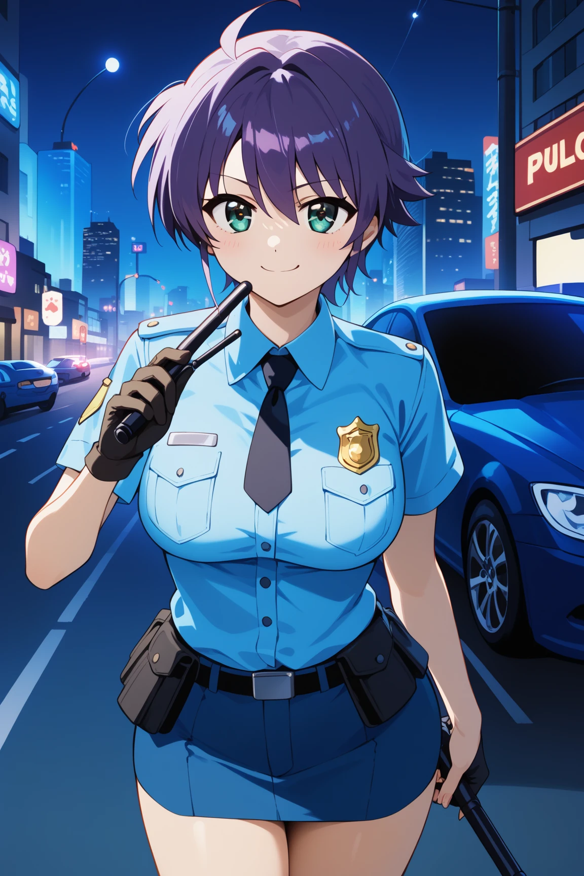 masterpiece,best quality,{{detailed beautiful face and eyes}}, 
Subaru Nakajima,short hair,purple hair,hair between eyes,aqua eyes,large breasts,
blue police officer,dark blue miniskirt,
1girl,(is smug:1.0),
 ((standing next to a police car,have a black baton,cowboy shot,looking at viewer:1.2)), 
(city,night:1.0),clothed