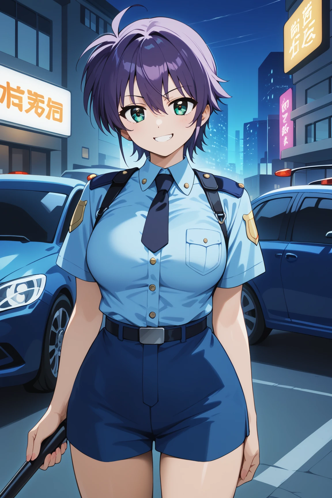 masterpiece,best quality,{{detailed beautiful face and eyes}}, 
Subaru Nakajima,short hair,purple hair,hair between eyes,aqua eyes,large breasts,
blue police officer,dark blue miniskirt,
1girl,(is smug:1.0),
 ((standing next to a police car,have a black baton,cowboy shot,looking at viewer:1.2)), 
(city,night:1.0),clothed