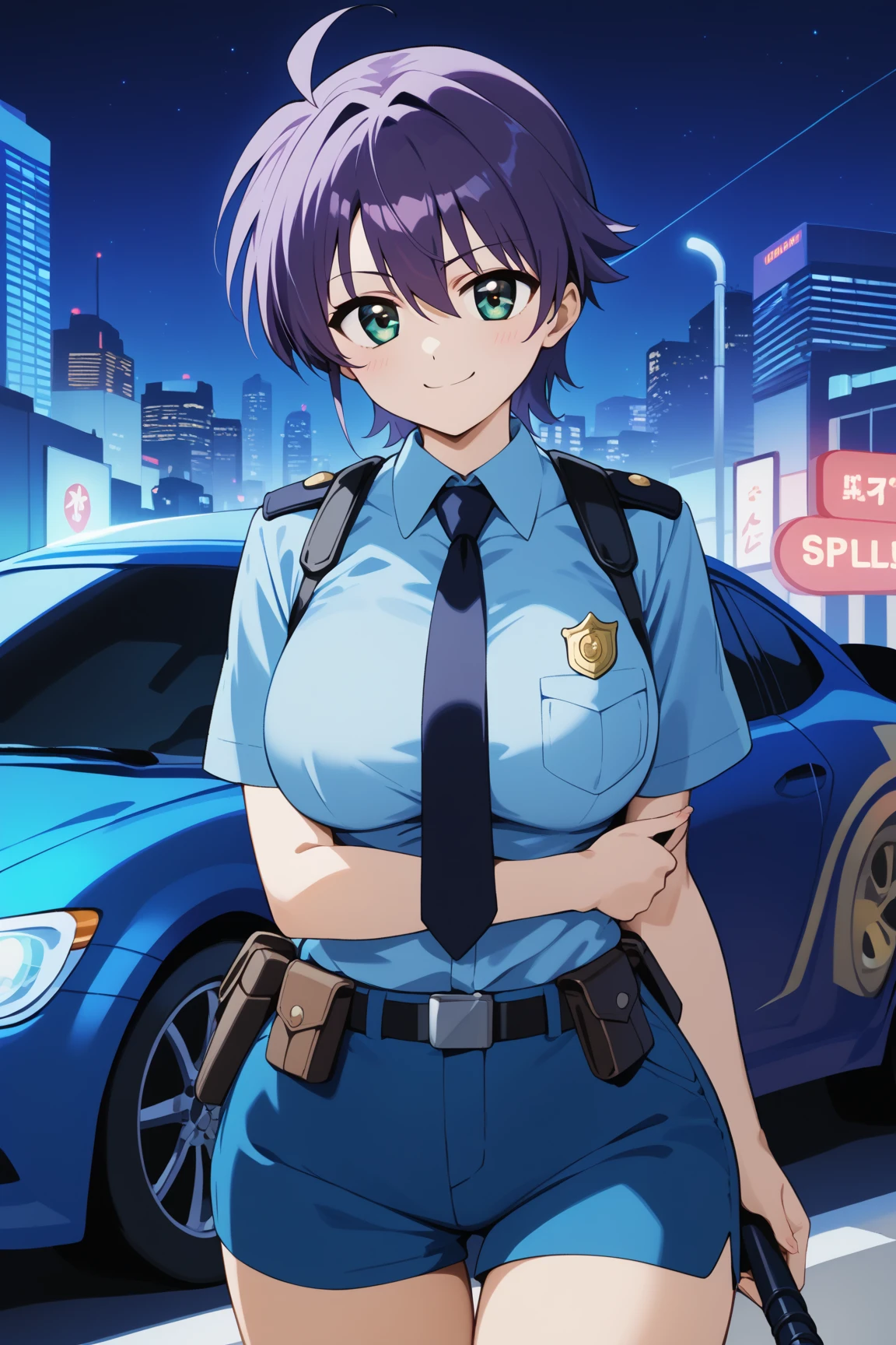 masterpiece,best quality,{{detailed beautiful face and eyes}}, 
Subaru Nakajima,short hair,purple hair,hair between eyes,aqua eyes,large breasts,
blue police officer,dark blue miniskirt,
1girl,(is smug:1.0),
 ((standing next to a police car,have a black baton,cowboy shot,looking at viewer:1.2)), 
(city,night:1.0),clothed