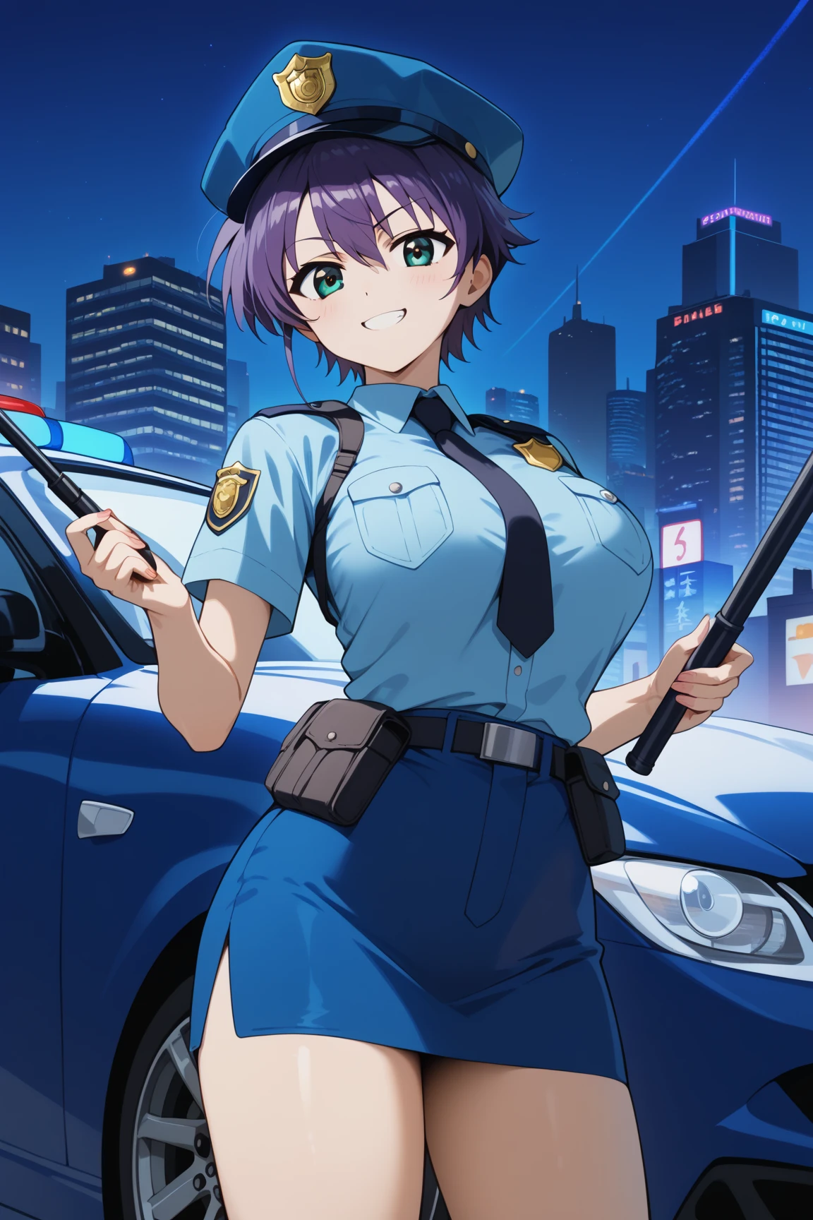 masterpiece,best quality,{{detailed beautiful face and eyes}}, 
Subaru Nakajima,short hair,purple hair,hair between eyes,aqua eyes,large breasts,
blue police officer,dark blue miniskirt,
1girl,(is smug:1.0),
 ((standing next to a police car,have a black baton,cowboy shot,looking at viewer:1.2)), 
(city,night:1.0),clothed