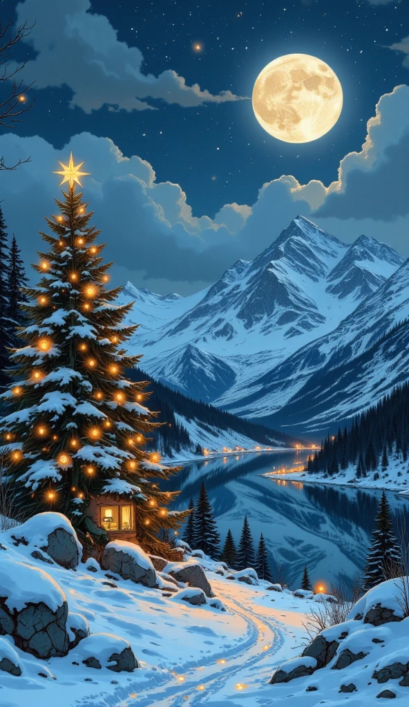 starry new year's eve , lock, 
Christmas tree ,  blue mountains
big moon 
Lough
 in the style of Blanca Alvarez