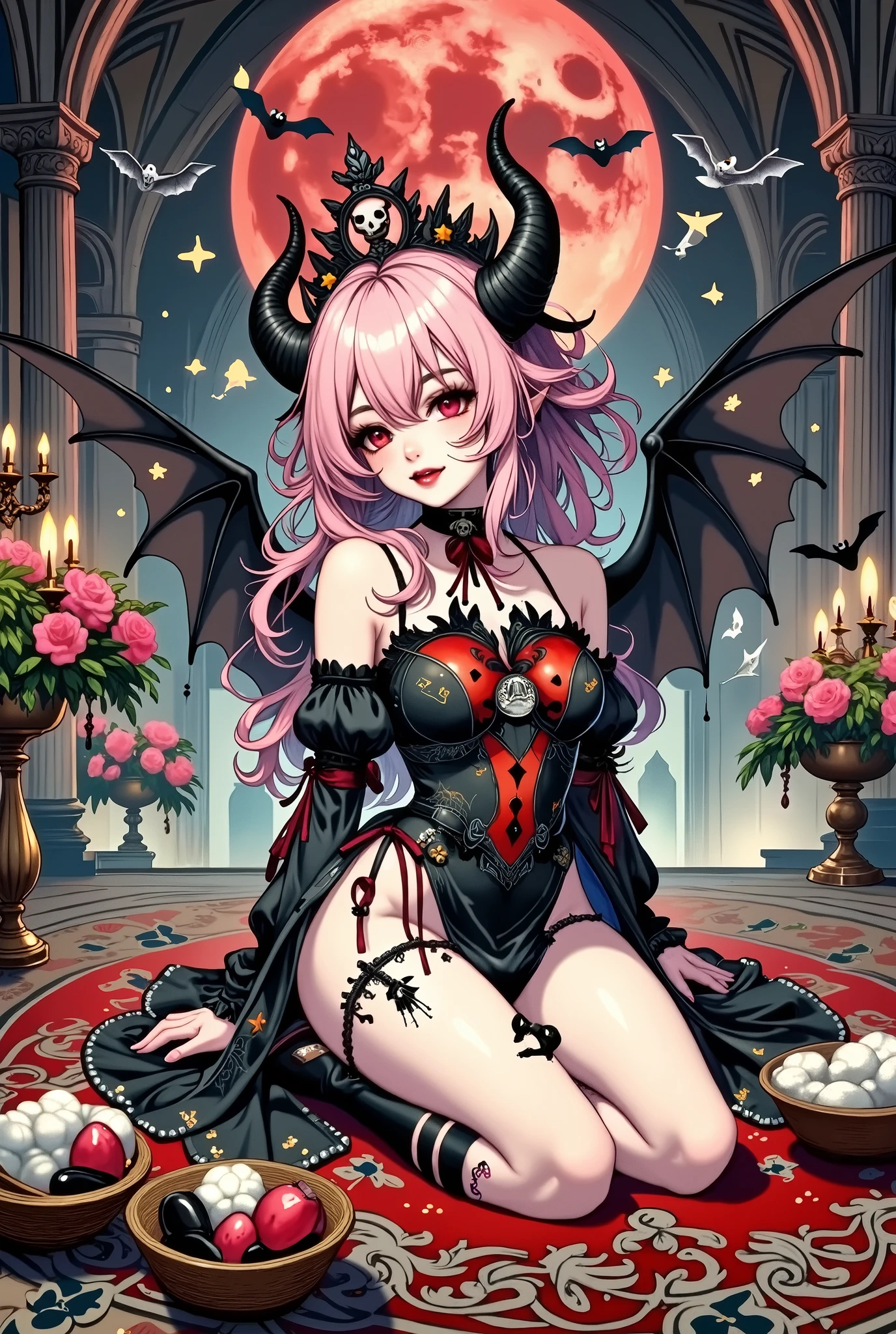 (Ultra-detailed face, Looking away, Fantasy Illustration with Gothic. Dark tone colors.), BREAK (Great hall of Dracula's castle in Transylvania with the red moon rising. Bats flit about. A young succubus lies in a daring pose on an opulent carpet on the floor of the hall. Her glossy hair is combed with her fingertips, and she smiles sexily.), BREAK (The succubus of the army of the abyss has pastel pink hair and eyebrows, blunt bangs, messy hair to the ground, red glowing eyes with yellow stars, small pink lips, pale skin, and dark, thick eyeliner.), BREAK (The Succubus of the Army of the Abyss wears a tiara with a skull motif and a black leather chukar. She wears a high-leg bodysuit of lace fabric made of raven feathers and embroidered with red thread, and stocking boots with braided red laces. On her back she has a pair of large raven-like wings.)