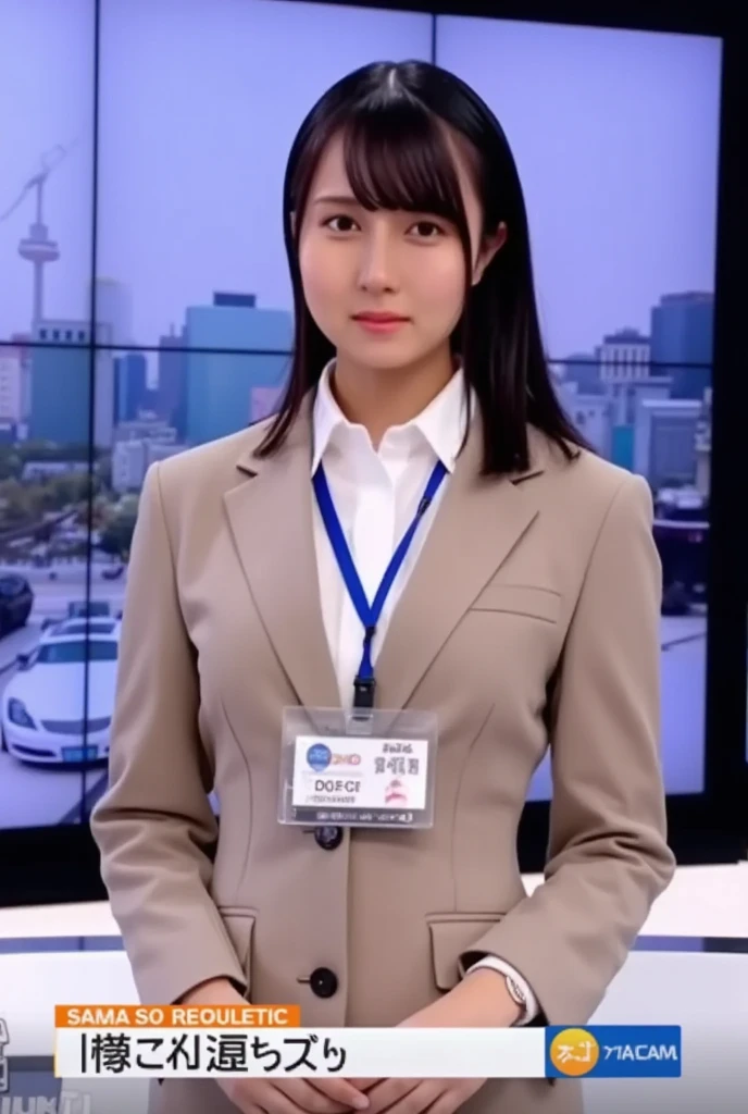 (masterpiece, best quality:1.2), 1woman, solo, Tamao, anchor woman, backless formal uniform, sit behind the table, report news, giant screen