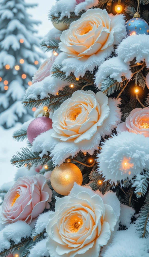 large fluffy Christmas tree close-up made of fluffy white and blue mink fur white pink lilac yellow liquid art fur balls peonies white mink fur glowing garlands