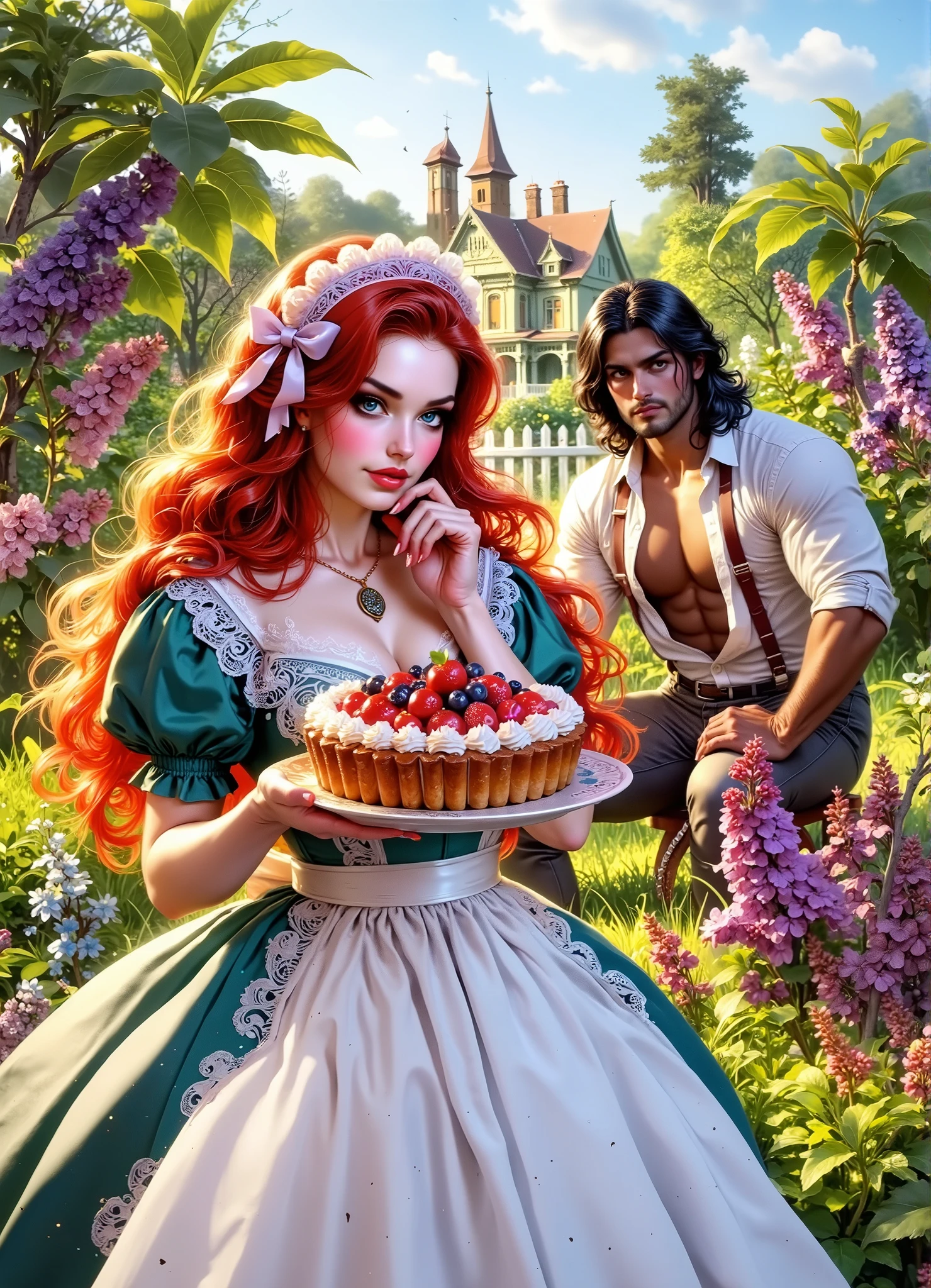  Glossing full-waist Full-body digital realistic illustration .  A beautiful 18-year-old flirting woman in a contrasting bright cotton maid dress with SHINY STRAIGHT red hair is standing on the grass,  in her hands is holding a dish with a big pie , looking right at the camera.  A handsome massive man with long black hair looks at her , in a white shirt ,pants and boots . A Victorian garden with lilac . Sunlight illuminates every blade of grass ,leaf, flower. BRIGHT,textural, three-dimensional , bright rich complementary colors .  flowing hair .textural.  correct anatomy proportions .right hands .  Model beautiful faces . Perfect for a book cover . The overall color palette is creating a vivid and haunting visual experience. The illustration is rich in detail, with textures, enhancing the realism of the scene.