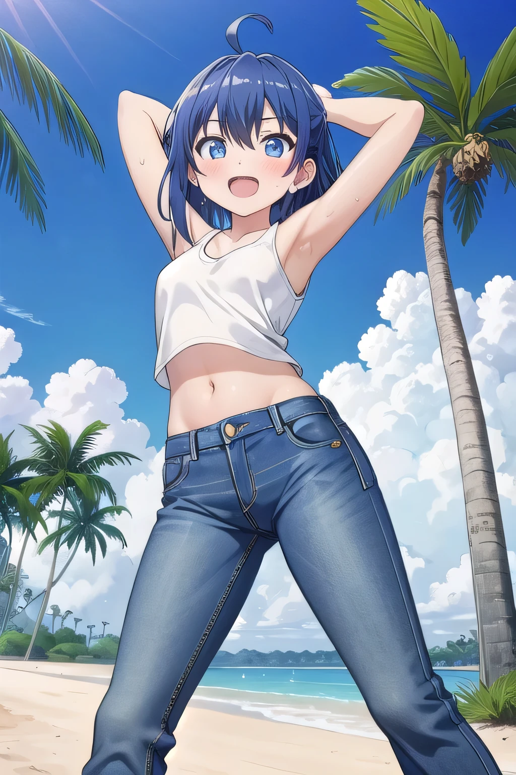 masterpiece,best quality,ultra detail, Perfect Face, Perfect Arms, Perfect hands, Perfect Fingers, 1girl, , petite, ((round face, ecstasy, orgasm face, drooping eyes, shame smiling, blush)), dropping eyes, sleepy, background((under the beach, (day:1.2), palm tree, bright sky)), Yanami anna, ahoge,medium hair,blue hair,sidelocks,blunt bangs,blue eyes, hair between eyes,parted bangs, blue eyes, arms behind head, contrapposto, spread armpits, looking at viewer,, (white tank top:1.2), (white crop top:1.2), (jeans pants:1.2, flares jeans:1.2, skinny jeans:1.2, blue jeans:1.2), standing, (legs spread:1.2), sex pose, Sweaty crotch, Steam from the crotch, from below, full medium body