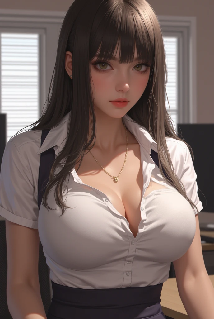 one girl,  high resolution , Solo,  opening his mouth slightly , accurate,  top quality, masterpiece,  big boobs ,  full body character sheet , 8K Octagon Rendering,  Realistic Nipples , Office, table, Filth , misconduct, ripped clothes , blouse