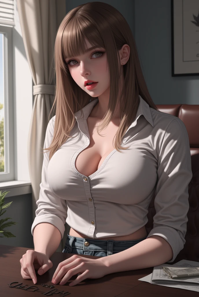 one girl,  high resolution , Solo,  opening his mouth slightly , accurate,  top quality, masterpiece,  big boobs ,  full body character sheet , 8K Octagon Rendering,  Realistic Nipples , Office, table, Filth , misconduct, ripped clothes , blouse