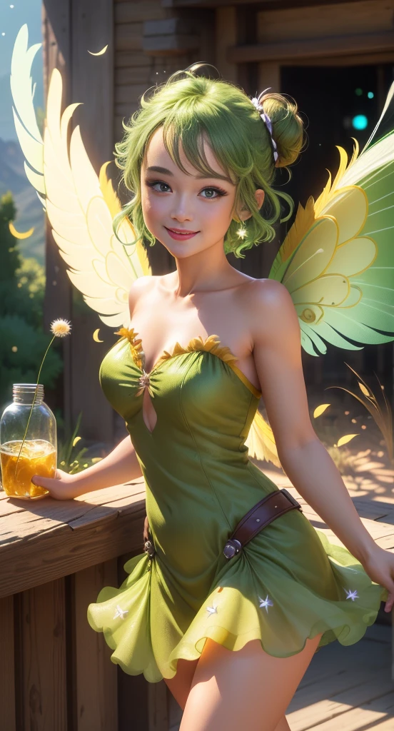 (Tinker Wife:1),Tinker Bell、mini skirt、clear feathers、 smile, cute, cute pose, looking at the viewer, thick thighs, single hair bun hair, ponytail hair, (Strapless Green Dress:1),grassland、flower garden、sunflower、 (８，fairy wings), are flying, (chest focus:1.2), From above, 
(realistic:1.2), (realism), (masterpiece:1.2), (highest quality), (Super detailed), (8K, 4K, Complex),spread legs、show white panties,white htmlh(full body shot:1),(cowboy shot:1.2), (85mm),particles of light, lit, (very detailed:1.2),(detailed face:1.2), (Gradation), software, colorful,(fine eyes:1.2),
(detailed landscape, in a glass bottle:1.2),(detailed background),detailed landscape, (dynamic angle:1.2), (dynamic pose:1.2), (third law_composition:1.3), (Action range:1.2), wide shot, dawn, alone,