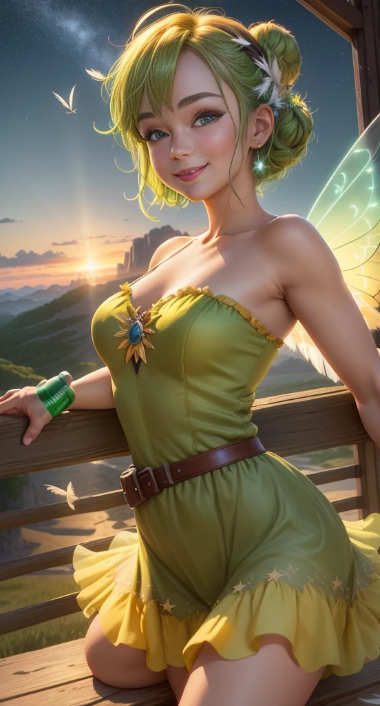 (Tinker Wife:1), smile, cute, cute pose, looking at the viewer, Tinker Bell、Feathers on the back、thick thighs, single hair bun hair, short hair, (Strapless Green Dress:1), (fairy wings), sitting, (chest focus:1.2), yellowish green clothes、From above, 
(realistic:1.2), (realism), (masterpiece:1.2), (highest quality), (Super detailed), (8K, 4K, Complex),(full body shot:1),(cowboy shot:1.2), (85mm),particles of light, lit, (very detailed:1.2),(detailed face:1.2), (Gradation), software, colorful,(fine eyes:1.2),
(detailed landscape, in a glass bottle:1.2),(detailed background),detailed landscape, (dynamic angle:1.2), (dynamic pose:1.2), (third law_composition:1.3), (Action range:1.2), wide shot, dawn, alone,