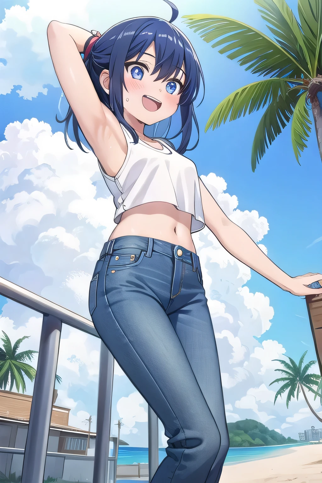 masterpiece,best quality,ultra detail, Perfect Face, Perfect Arms, Perfect hands, Perfect Fingers, 1girl, , peti ((round face, ecstasy, orgasm face, drooping eyes, shame smiling, blush)), dropping eyes, sleepy, background((under the beach, (day:1.2), palm tree, bright sky)), Yanami anna, ahoge,medium hair,blue hair,sidelocks,blunt bangs,blue eyes, hair between eyes,parted bangs, blue eyes, arms behind head, contrapposto, spread armpits, looking at viewer,, (white tank top:1.2), (white crop top:1.2), (jeans pants:1.2, flares jeans:1.2, skinny jeans:1.2, blue jeans:1.2), standing, (legs spread:1.2), sex pose, Sweaty crotch, Steam from the crotch, from below, full medium body
