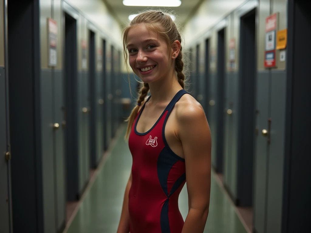 Standing in the school gymnasium wearing a navy blue school swimsuit