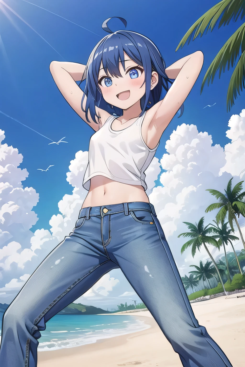 masterpiece,best quality,ultra detail, Perfect Face, Perfect Arms, Perfect hands, Perfect Fingers, 1girl, , peti ((round face, ecstasy, orgasm face, drooping eyes, shame smiling, blush)), dropping eyes, sleepy, background((under the beach, (day:1.2), palm tree, bright sky)), Yanami anna, ahoge,medium hair,blue hair,sidelocks,blunt bangs,blue eyes, hair between eyes,parted bangs, blue eyes, arms behind head, contrapposto, spread armpits, looking at viewer,, (white tank top:1.2), (white crop top:1.2), (jeans pants:1.2, flares jeans:1.2, skinny jeans:1.2, blue jeans:1.2), standing, (legs spread:1.2), sex pose, Sweaty crotch, Steam from the crotch, from below, full medium body