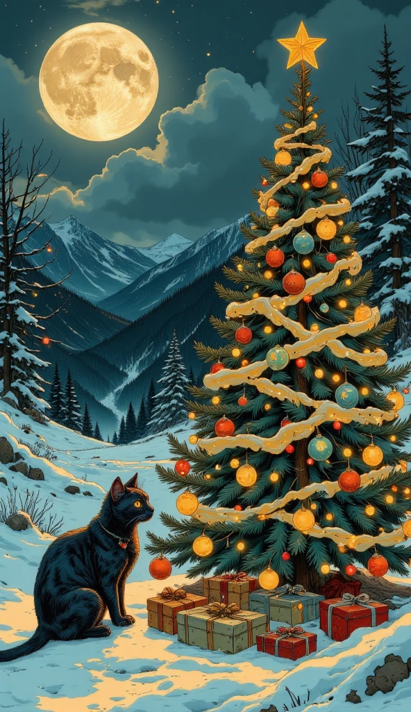 Munch style christmas tree and cat