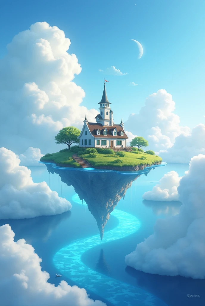 (  magical cute null blue stream overlay scene), ( Floating island ), (cloud),    soft lighting  ,  clean backgrounds , beautiful null landscape  , masterpiece,    High Quality  ,    beautiful graphics ,    high detail,by Thomas Kinkade,    art station   ,   sharp concentration ,  Inspiring 8K Wallpapers,  