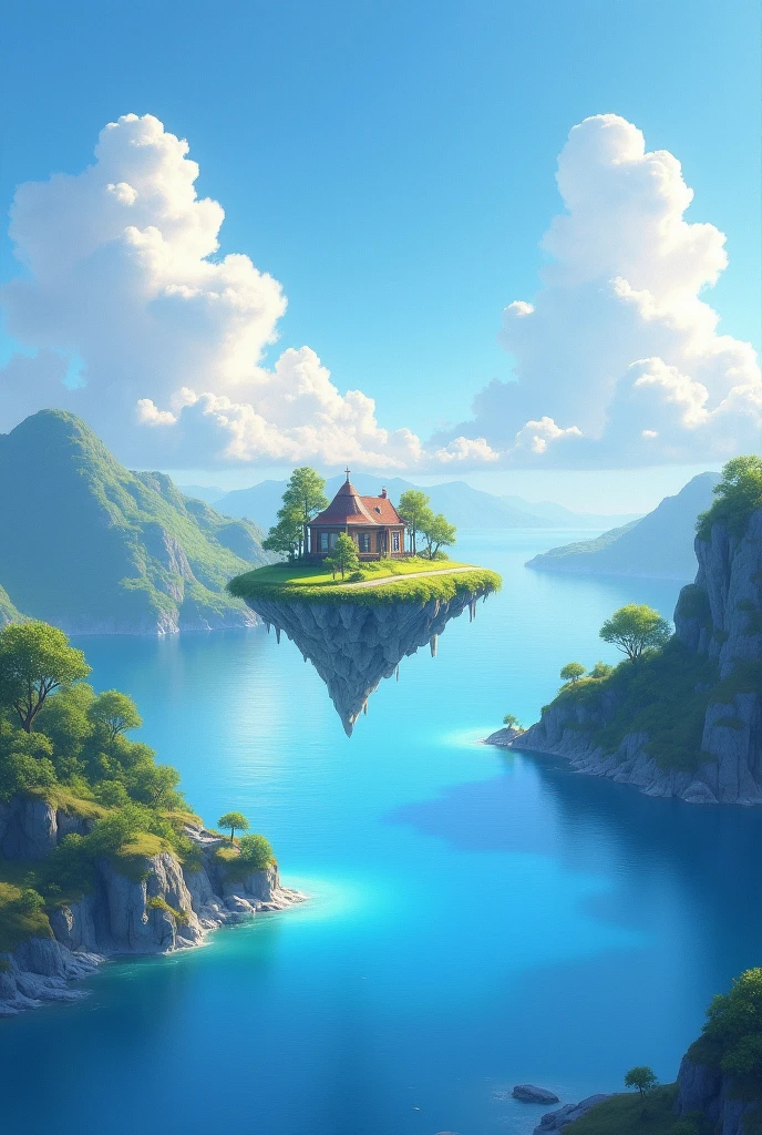 (  magical cute null blue stream overlay scene), ( Floating island ), (cloud),    soft lighting  ,  clean backgrounds , beautiful null landscape  , masterpiece,    High Quality  ,    beautiful graphics ,    high detail,by Thomas Kinkade,    art station   ,   sharp concentration ,  Inspiring 8K Wallpapers,  