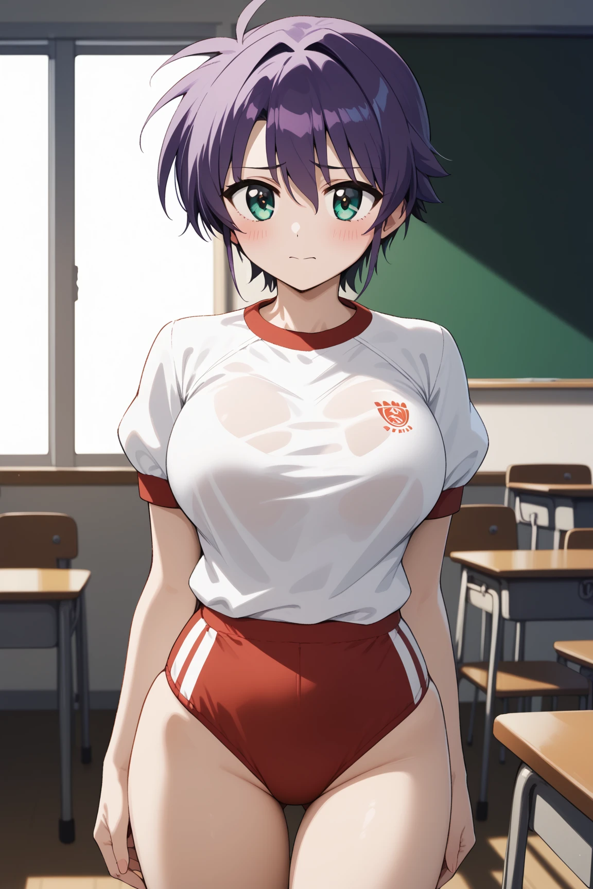 masterpiece,best quality,{{detailed beautiful face and eyes}}, 
Subaru Nakajima,short hair,purple hair,hair between eyes,aqua eyes,large breasts,
gym uniform,red buruma, white shirt, short sleeves, thighs,
1girl,(is embarrassing,big blush,closed mouth:1.0),
 ((standing,cowboy shot,looking at viewer:1.2)), 
(classroom:1.0),clothed