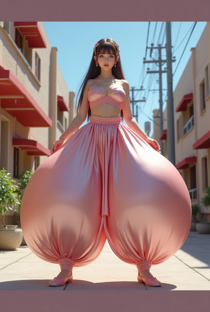 masterpiece:1.2, high detailed skin:1., high quality:1.1,Japanese high school girl, solo, fullbody, Massive and deep cleavage, Huge breasts, J cup breasts, Huge Breasts, brown eyes, brown long hair in a hime cut, standing in front of the train station, wearing an Arabian outfit consisting of only humongous inflatable satin full length princess Jasmine-style pantaloons with her belly button showing, pink dance shoes & a simple satin strapless bra. The pantaloons and bra are light pink and extremely puffy and completely round and completely spherical.