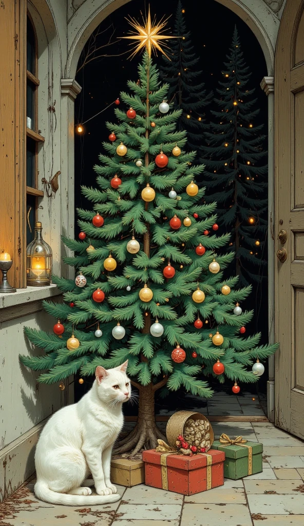 Christmas tree and cat in the style of Hieronymus Bosch