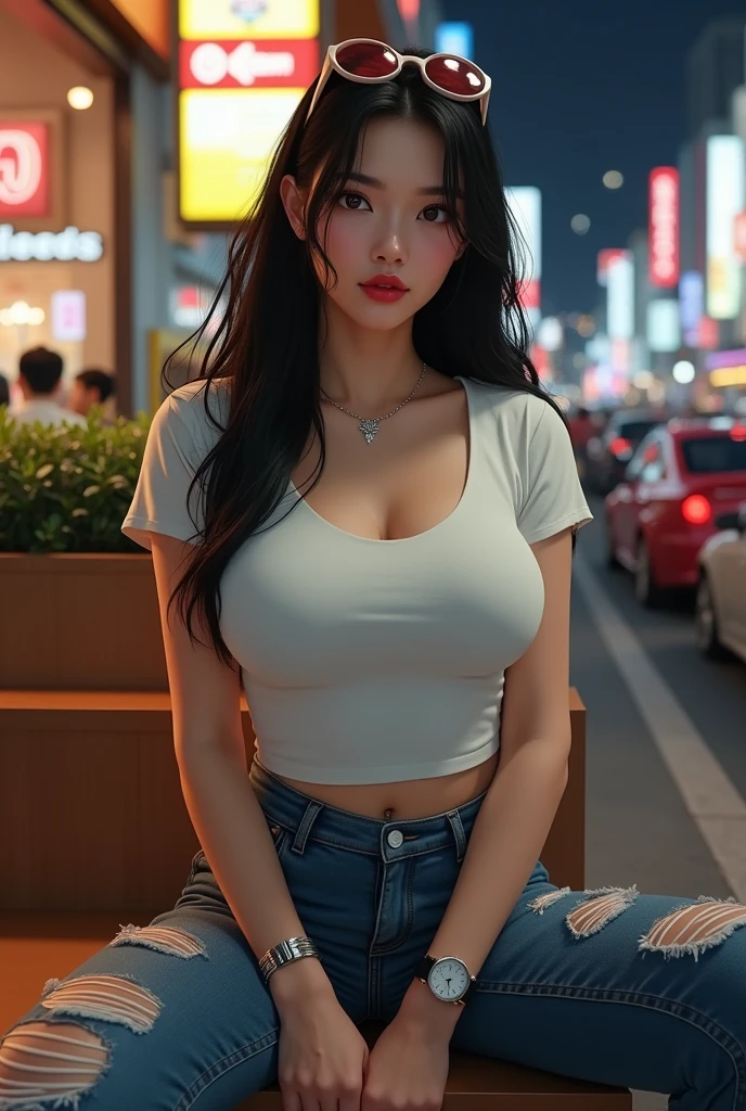 Beautiful Korean girl Nancy posing, straight photoshoot pose, full body portrait, moonlit night, night time, winter, walking on city corridoor, simply detailed face, cute, big eyes, iconic, photorealistic,detailed background, big breasts, sexy top and shorts ( jeans ), long wavy hair, little cleavage, symmetric face, masterpiece, 8k