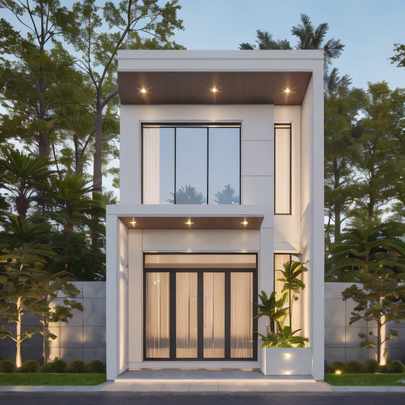 PLATFORM KTHOUSE, 1 morden WHITE house,1large yard, 1 road runs in front of the house, (RAW photo, real, best quality, masterpiece:1.2), look morden minimalist, 1 road in front of the house, dynamic lighting:1.3, (hyper realistic, photo-realistic:1.2), high quality, (dark lighting:1.2), perfect lighting, archdaily, no human, light at 12 noon, warm light in door:1.4, blue sky:1.3, shimering lighting:1.2