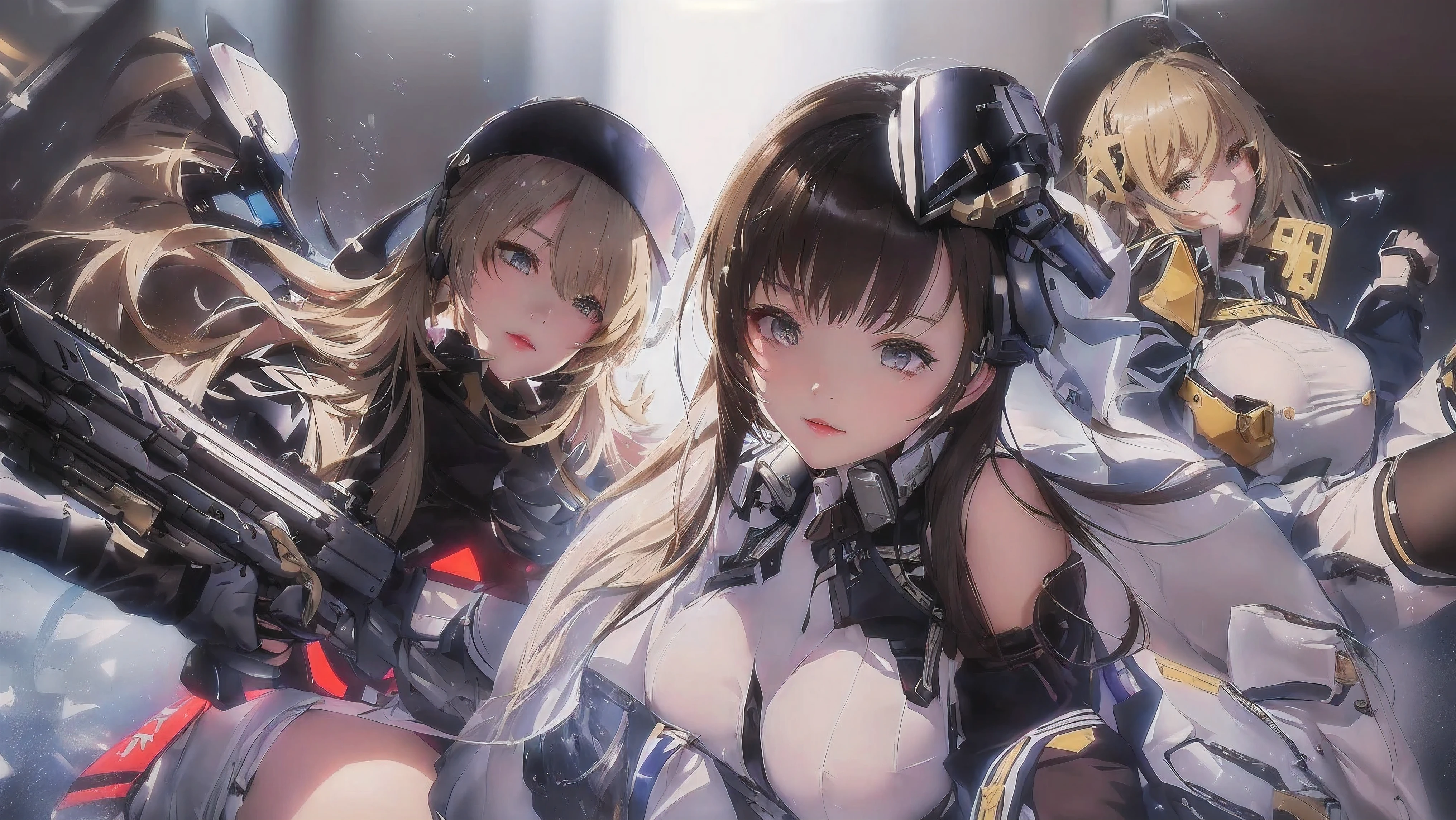 anime girls with guns and helmets in a scene with a light, characters from azur lane, from the azur lane videogame, girls frontline cg, from girls frontline, fine details. girls frontline, azur lane style, girls frontline style, kantai collection style, girls frontline, girls frontline universe, kancolle, best anime 4k konachan wallpaper