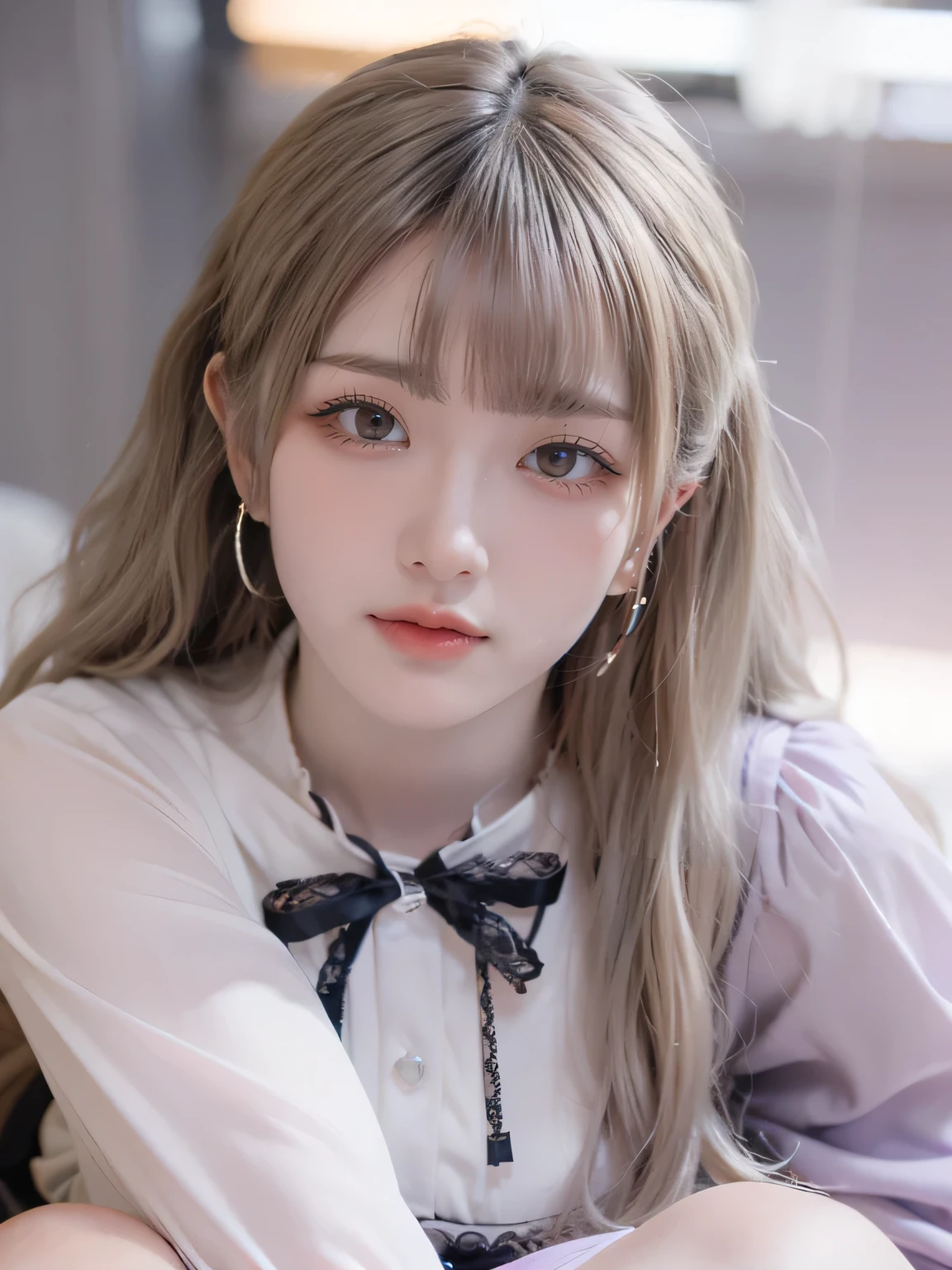 photography, masterpiece, best quality, 8K, HDR, highres, absurdres:1.2, Kodak portra 400, film grain, bokeh:1.2, lens flare, (vibrant color:1.2),(Realistic light, realistic light and shadow: 1.5),(((skin blemishes))),(((digital photography,realistic,photorealistic,photoreal))), (masterpiece) ,(bestquality), ((top-quality)), ((high-level image quality)), In a soundproof room, Record a song, ((elongated and sharp eyes, Everyday photography, ((Shot alone)), Photos from full body, (((blunt bangs))),(((black eyes))),((Asian 20 years old women)),(silver hair and brown gray hair),( light amber hair and gray hair), (blonde brown and Gray hair),(Gray hair and silver hair),(blonde brown and gray hair),((long curly hair)),exquisite features, exquisite crystal jewelry, exquisite heart-shaped necklace, exquisite heart-shaped earrings, sexy legs, (((solo))),1girl,Shooting for one person only,modelshoot,Beautiful Eyes of Details,very elongated eyes,Beautiful eyelashes,Beautiful double eyelids,narrow shoulders, (gigantic breasts), (((curly long hair))), (((curly long hair))), ((long hair)),Clothing with detailed materials,clothing elements: ((chiffon material, lace and ruffles, bow, sweet and cute, girly, skirt, symmetry, lively, cute, youthful, long sleeve, purple clothes, purple clothes with black lace)), ((half body to thigh shot)), smile,Height 160 cm, sitting on sofa