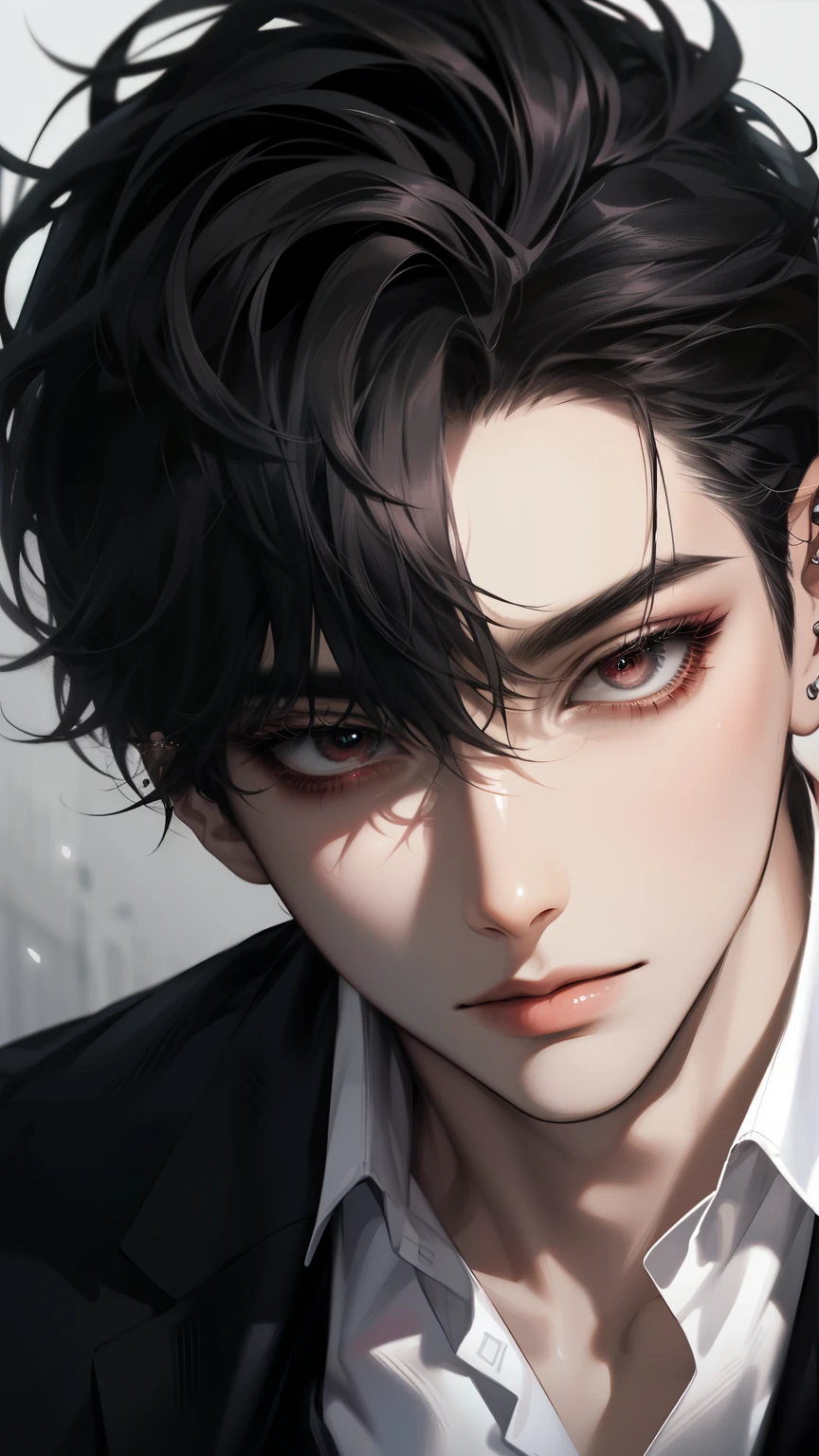 Black hair,male,mafia,group,Red eyes, suit,sexy, ear-piercing ,1 person,Alone, high resolution,Naturally,Korean makeup, top quality , very detailed face,man,young, attractive , good-looking,Short cut