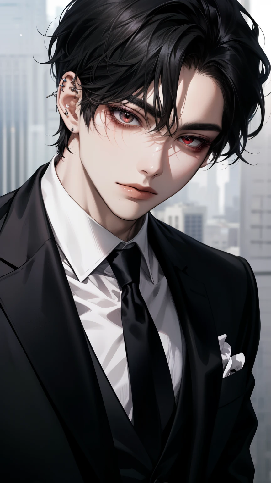 Black hair,male,mafia,group,Red eyes, suit,sexy, ear-piercing ,1 person,Alone, high resolution,Naturally,Korean makeup, top quality , very detailed face,man,young, attractive , good-looking,Short cut