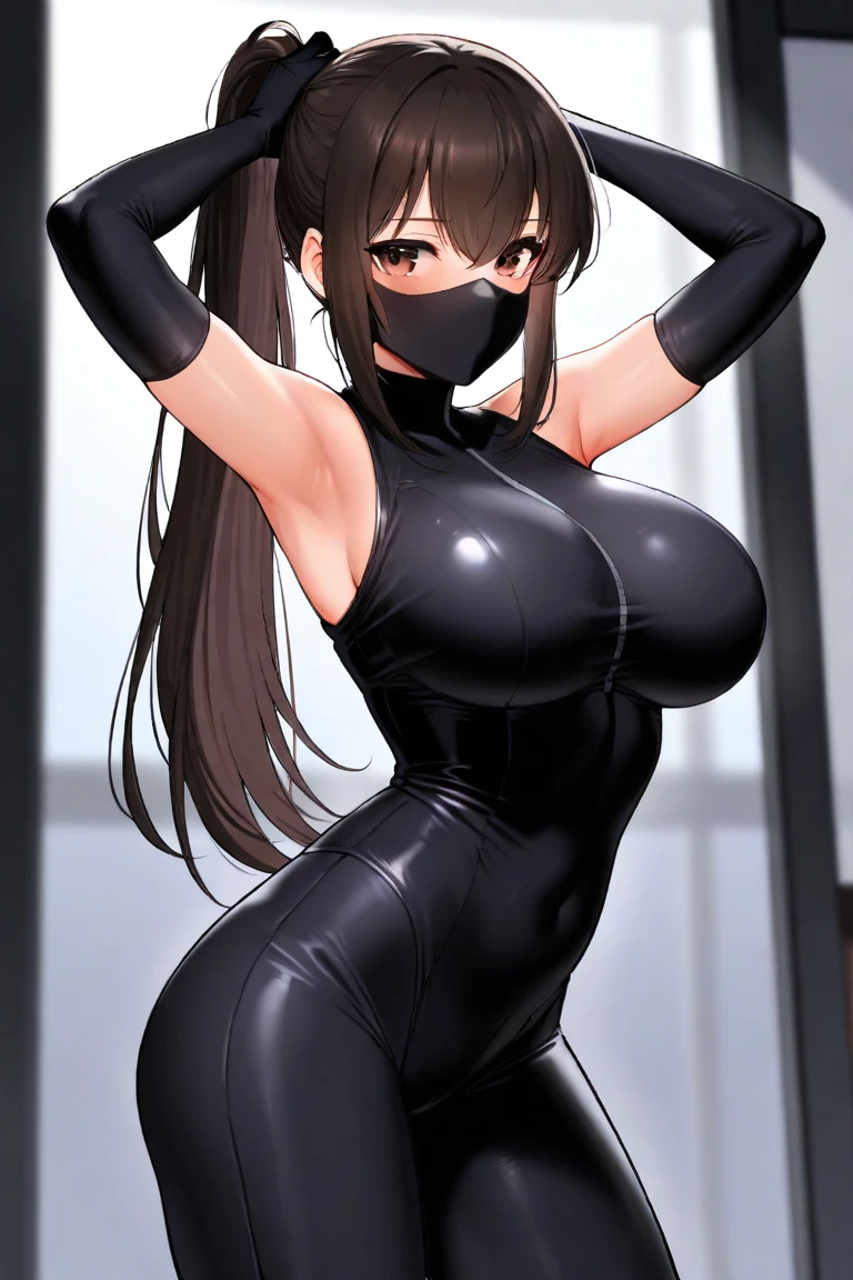 Front faced, tying hair, sexy pose, long black tight suit, wearing black tight gloves, big boobs, female ninja masked