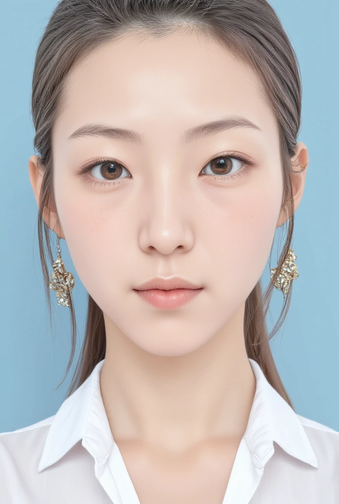   minimalist ， elegant girl  ， gray hair， blue background，  wear special earrings， bohemian style，Defined eyelashes ， bright blue eyes ， beautiful,  Transparent eyes  ， close，Portrait camera ，  flat illustration of a smiling face  ，geometry，clean，Japanese Manga 