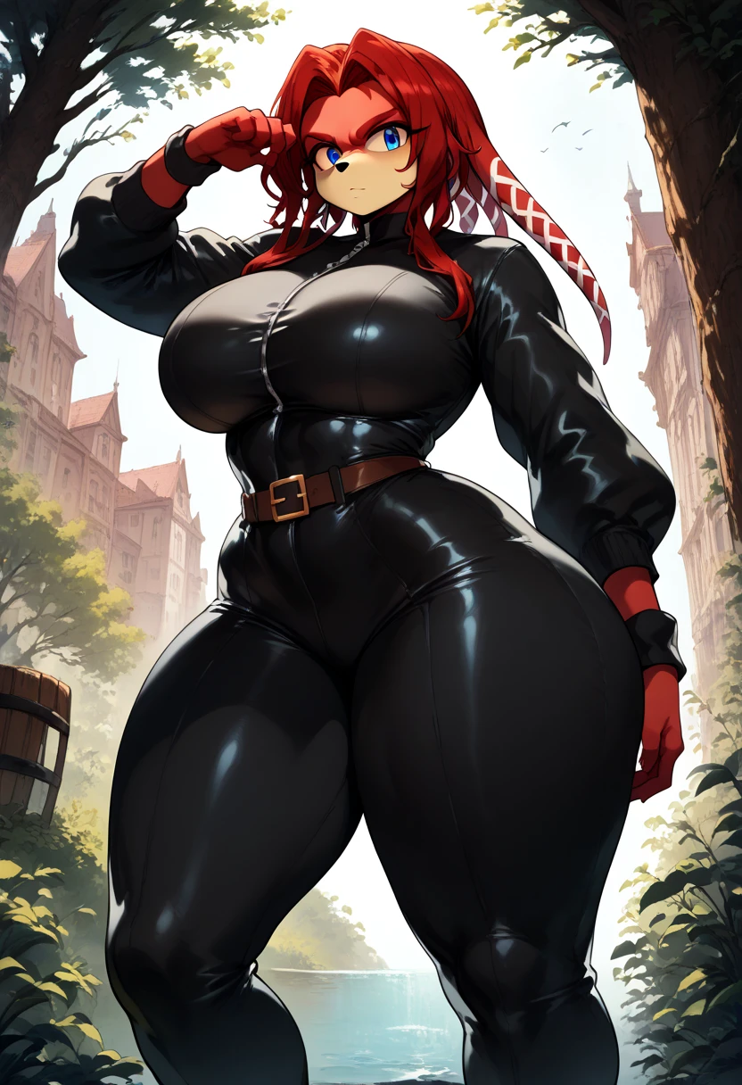 score_9, score_8_up, score_7_up, (best quality:1.1), ultra-detailed, high resolution, 8k, ((tall, 6ft tall)), (furry, echidna, Lien-Da the Echidna, red skin), red hair, dark blue eyes, black nose, black leather bodysuit, belt, black boots, cute, solo, ((huge breasts, voluptuous, thick thighs, huge butt, curvy hips petite, curvy, busty, high quality, masterpiece, wide hips)), (((dutch angle, sexy tease, sexy pose, stylish pose))) BREAK outside, Rich, Detailed background, ambient light