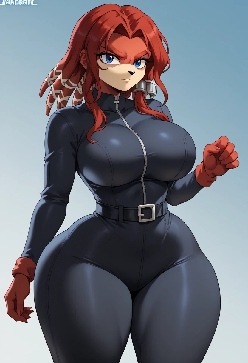 score_9, score_8_up, score_7_up, (best quality:1.1), ultra-detailed, high resolution, 8k, ((tall, 6ft tall)), (furry, echidna, Lien-Da the Echidna, red skin), red hair, dark blue eyes, black nose, black leather bodysuit, belt, black boots, cute, solo, ((huge breasts, voluptuous, thick thighs, huge butt, curvy hips petite, curvy, busty, high quality, masterpiece, wide hips)), (((dutch angle, sexy tease, sexy pose, stylish pose))) BREAK outside, Rich, Detailed background, ambient light