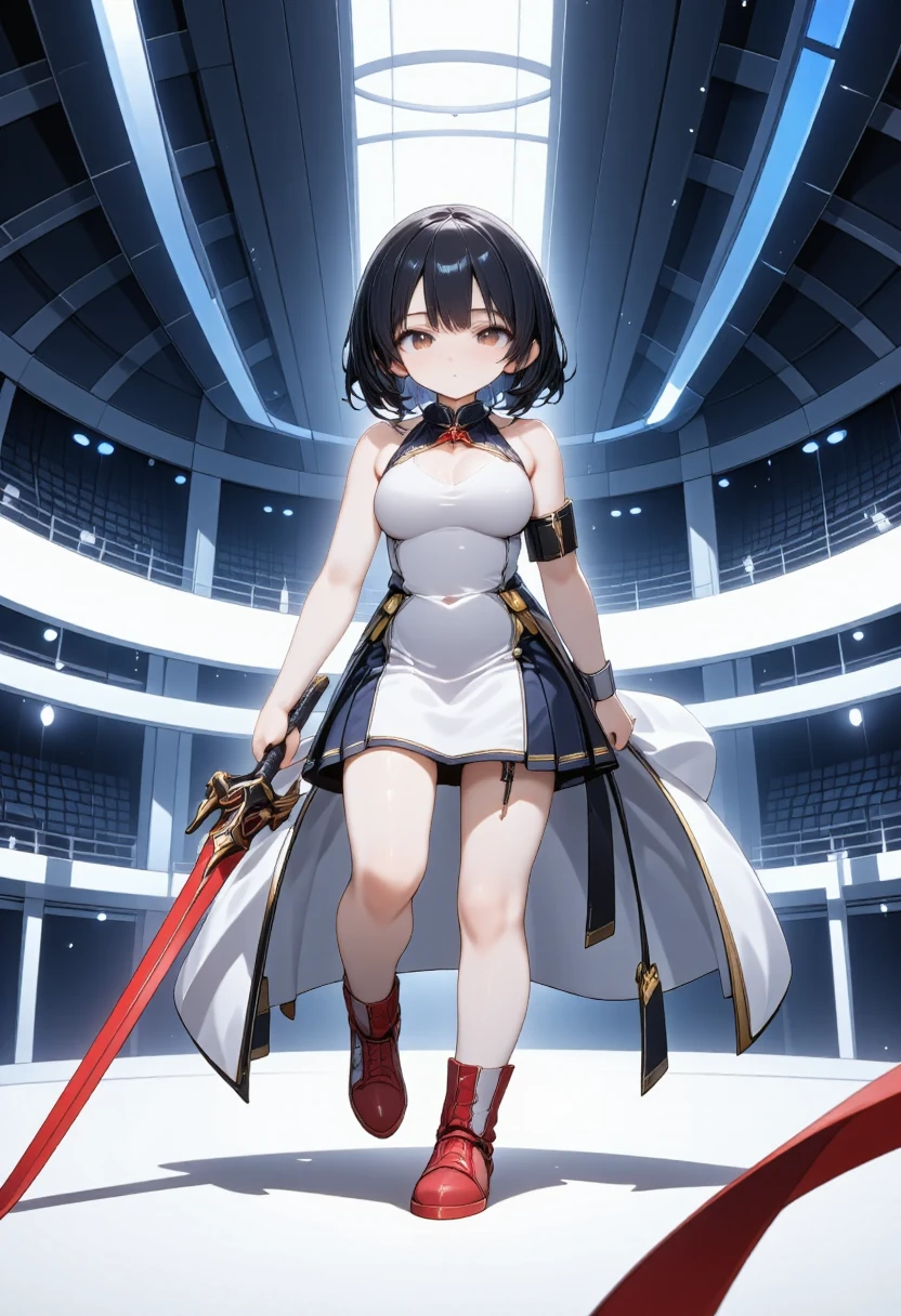 chibi, cool beauty, expressionless, blunt bangs, black straight hair, black eyes, wearing white, navy blue and red magic school uniform, holding a magic sword, background Arena, anime manga illustration, ultra detailed, absolutely resolution, masterpiece