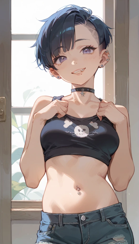 ((Best Quality, 8K, Masterpiece: 1.3)), Focus: 1.2, (Cinema Filter 1.3) ,round glasses, Black short hair, 20 years old,(Black Crop Top, Shorts: 1.6), Cleavage, , wolf cut hair style