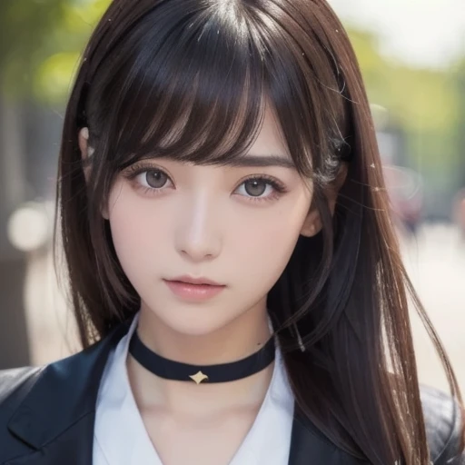 1 adult female, (up of face:1.5), Black hair, Blunt bangs, hair behind ear, hair over shoulder, Long hair, Ultra Fine Face, Thin face, Delicate lips, (beautidful eyes:1.5), thin blush, eyes are light brown,View here, （Hands hide）, formal jackets, a choker ,Port Area ,One-person viewpoint,  8K, masutepiece, nffsw, Super Detail, High quality, Best Quality, hight resolution,