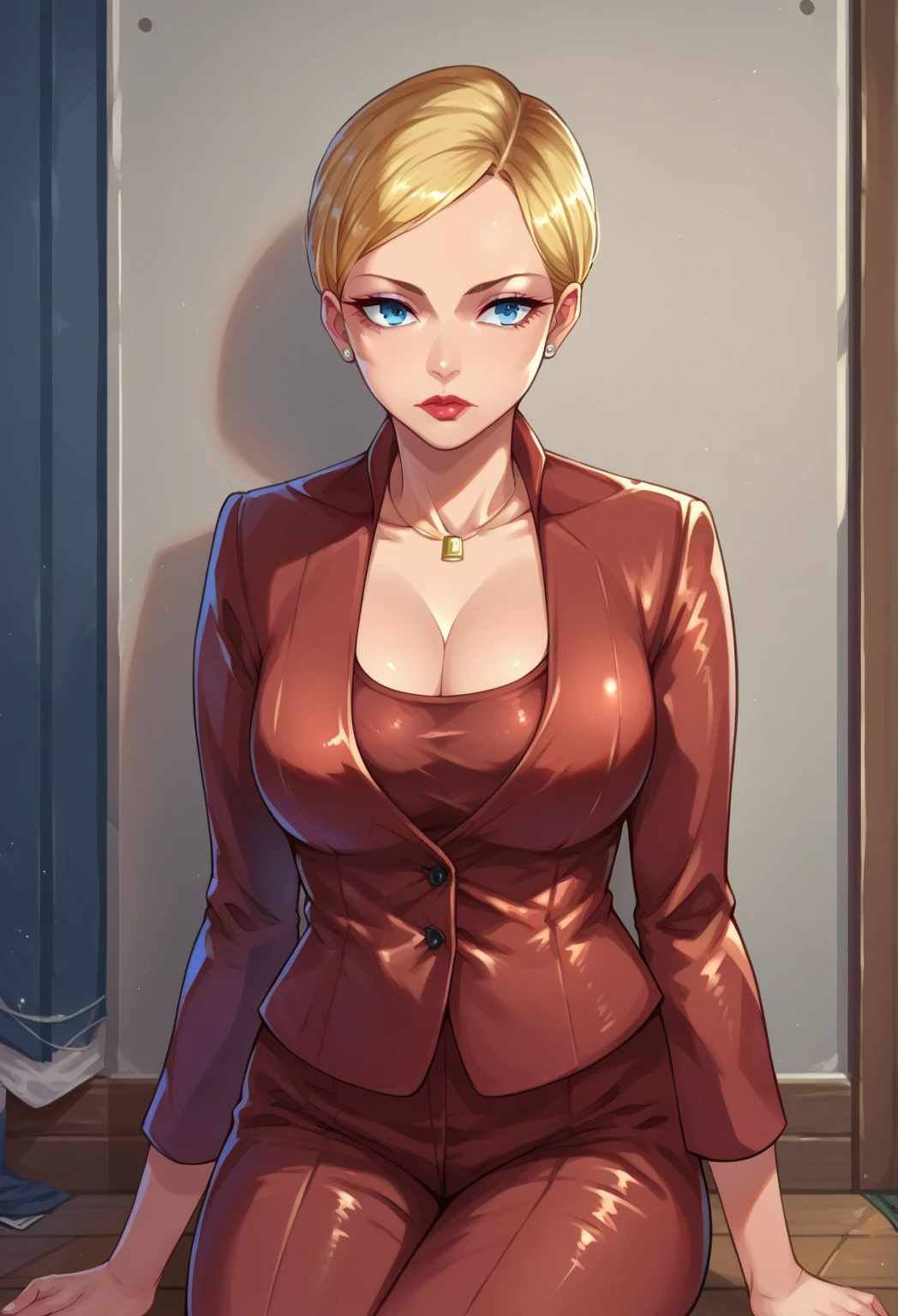 score_9,score_8_up,score_7_up BREAK T-XSDXL,solo,1girl,short hair,blue eyes,blonde hair,cleavage,jewelry,jacket,pants,necklace,lips,formal,suit,lipstick,cowboy shot,room,room background,sitting,