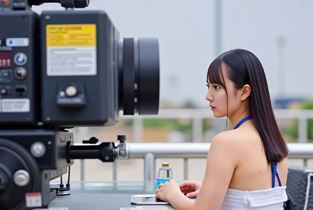 (masterpiece, best quality:1.2), 1woman, solo, Tamao, anchor woman, backless dress, sit behind the table in outdoor, in front of giant camera