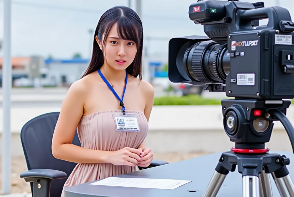 (masterpiece, best quality:1.2), 1woman, solo, Tamao, anchor woman, backless dress, sit behind the table in outdoor, in front of giant camera