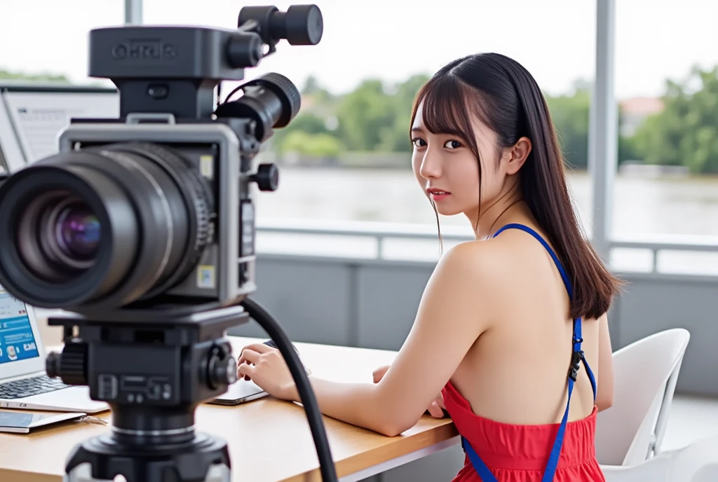 (masterpiece, best quality:1.2), 1woman, solo, Tamao, anchor woman, backless dress, sit behind the table in outdoor, in front of giant camera