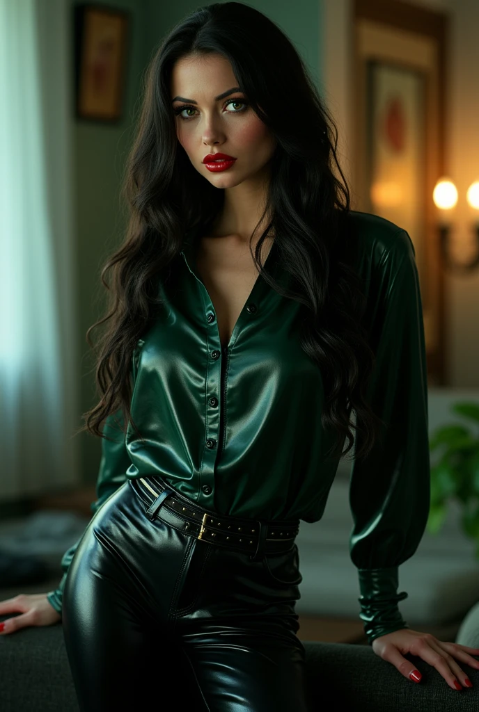 Full body shot a beautiful 25 years old British female vampire, long black hair, green eyes, red lips, wearing dark leather green shirt and black leather tight pants, view from front, waist up shot, dynamic pose, ambient lighting, photo realism, intricate face detail, intricate hand details, highly detailed, vibrant colors, cinematic, high definition, trending on Artstation--style raw